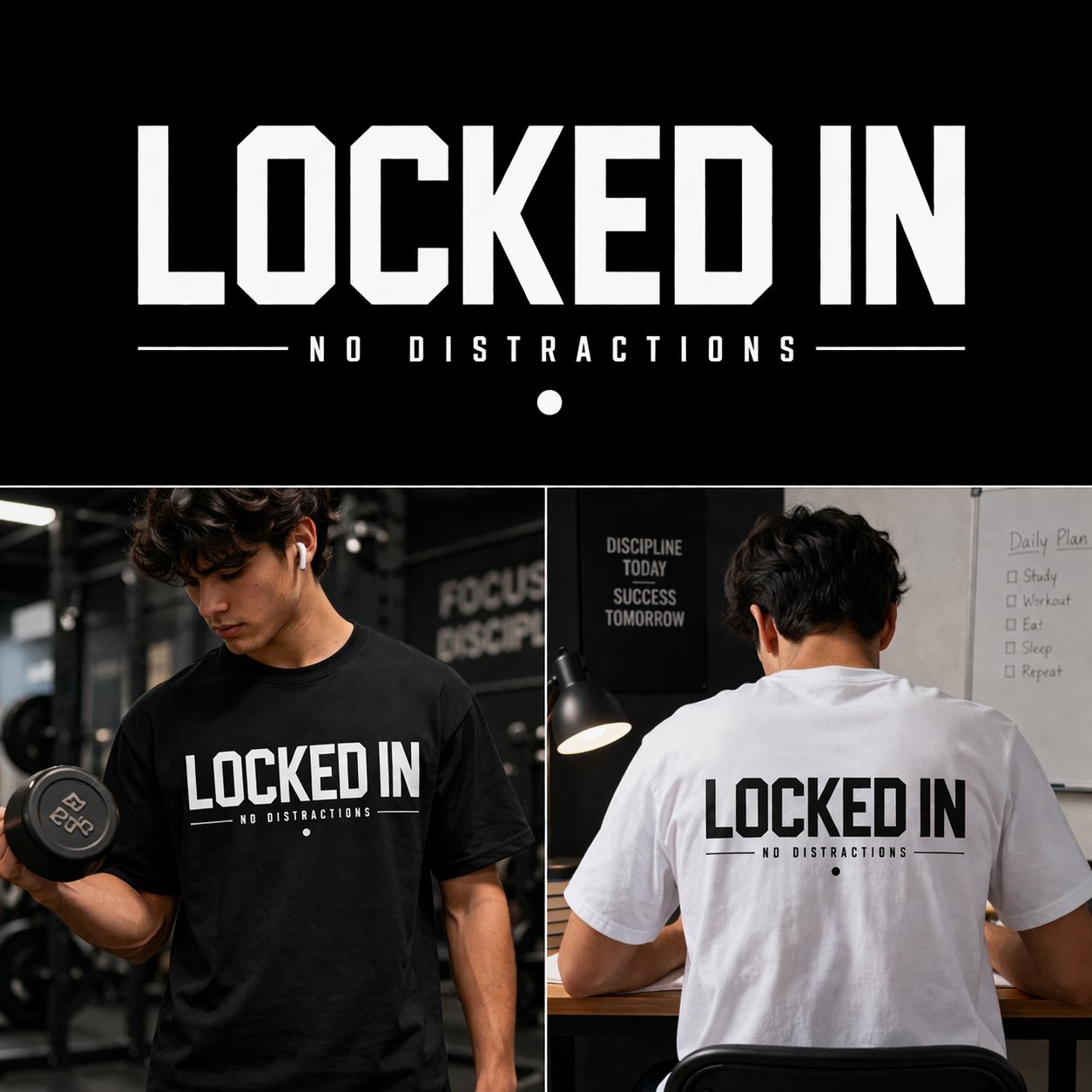 Locked In No Distractions Motivational Gym T-Shirt