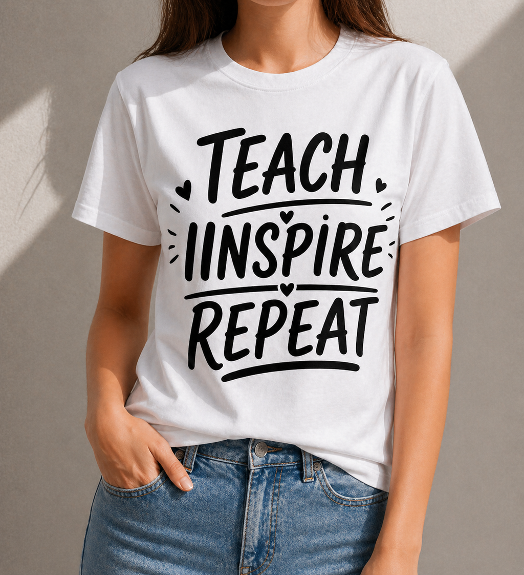 Teach Inspire Repeat Teacher Vinyl T-Shirt | Inspirational Teacher Tee
