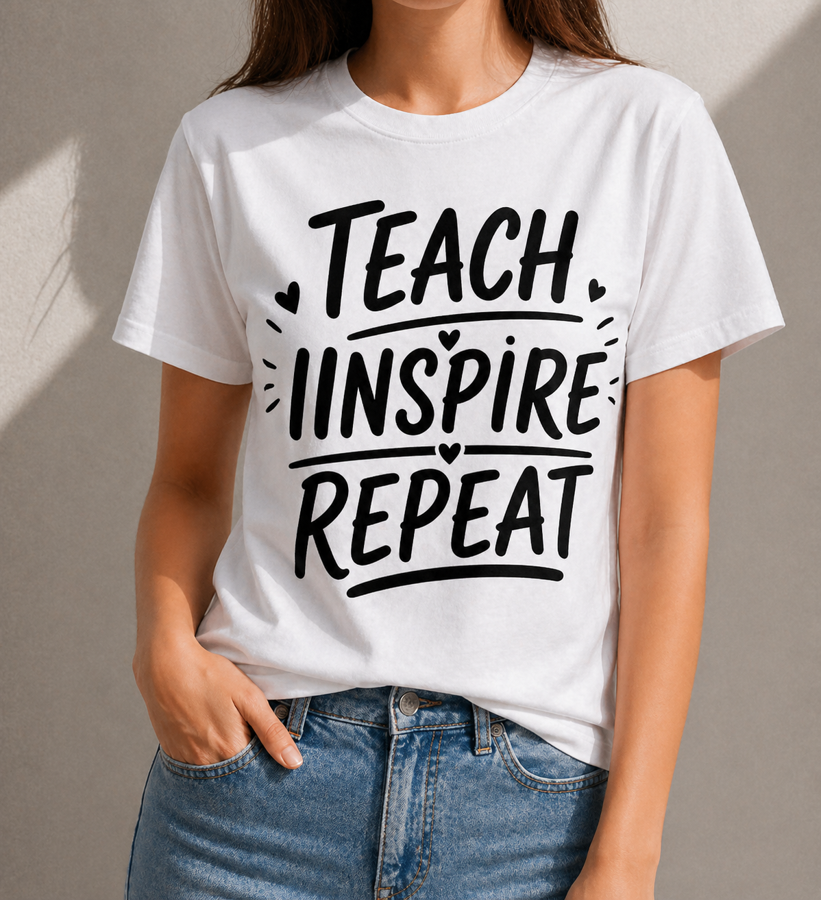 Teach Inspire Repeat Teacher Vinyl T-Shirt | Inspirational Teacher Tee