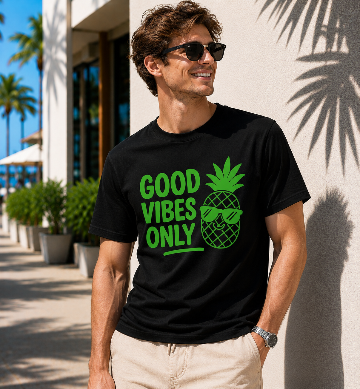 Good Vibes Only Pineapple Vinyl T-Shirt | Funny Summer Vacation Tee
