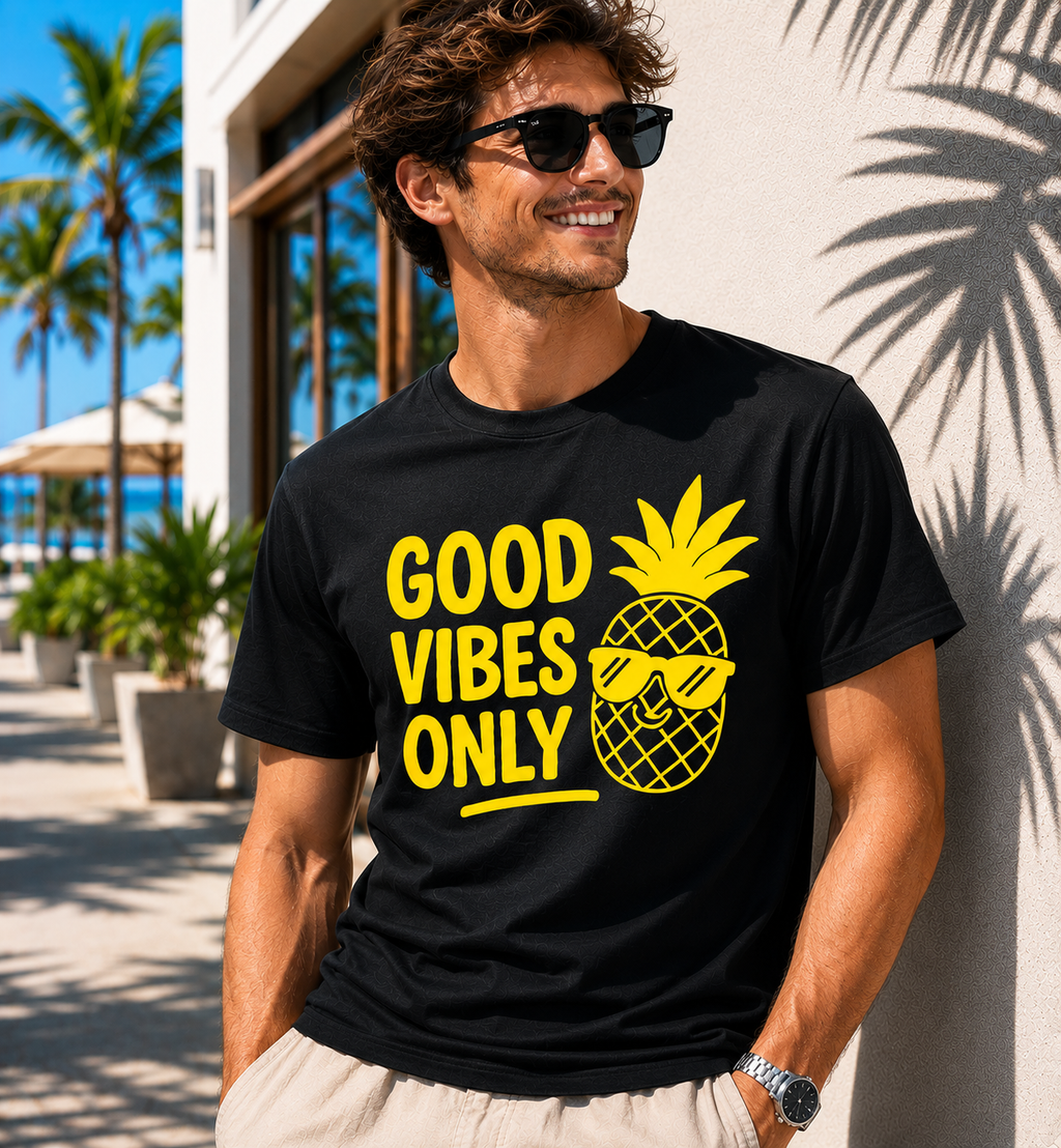 Good Vibes Only Pineapple Vinyl T-Shirt | Funny Summer Vacation Tee
