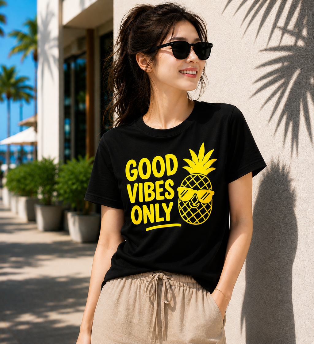 Good Vibes Only Pineapple Vinyl T-Shirt | Funny Summer Vacation Tee