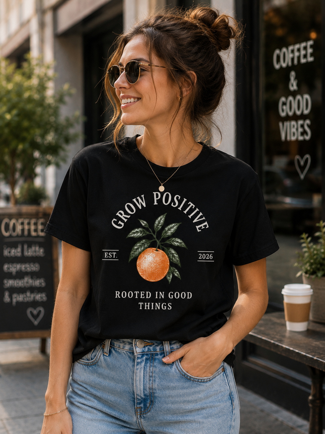 Grow Positive Graphic T-Shirt | Botanical Orange Unisex Tee | Positive Quote Shirt