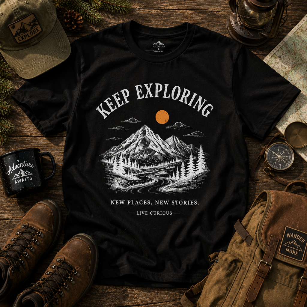 Keep Exploring Mountain Graphic T-Shirt | Vintage Outdoor Adventure Tee | Unisex Nature Shirt