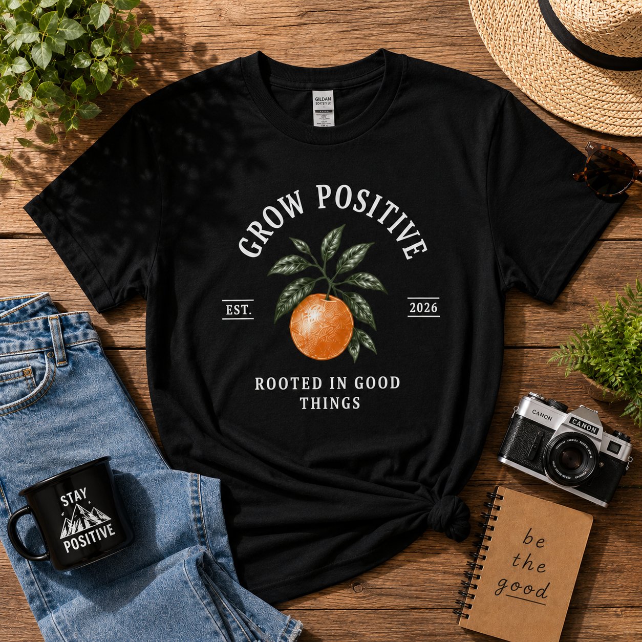 Grow Positive Graphic T-Shirt | Botanical Orange Unisex Tee | Positive Quote Shirt