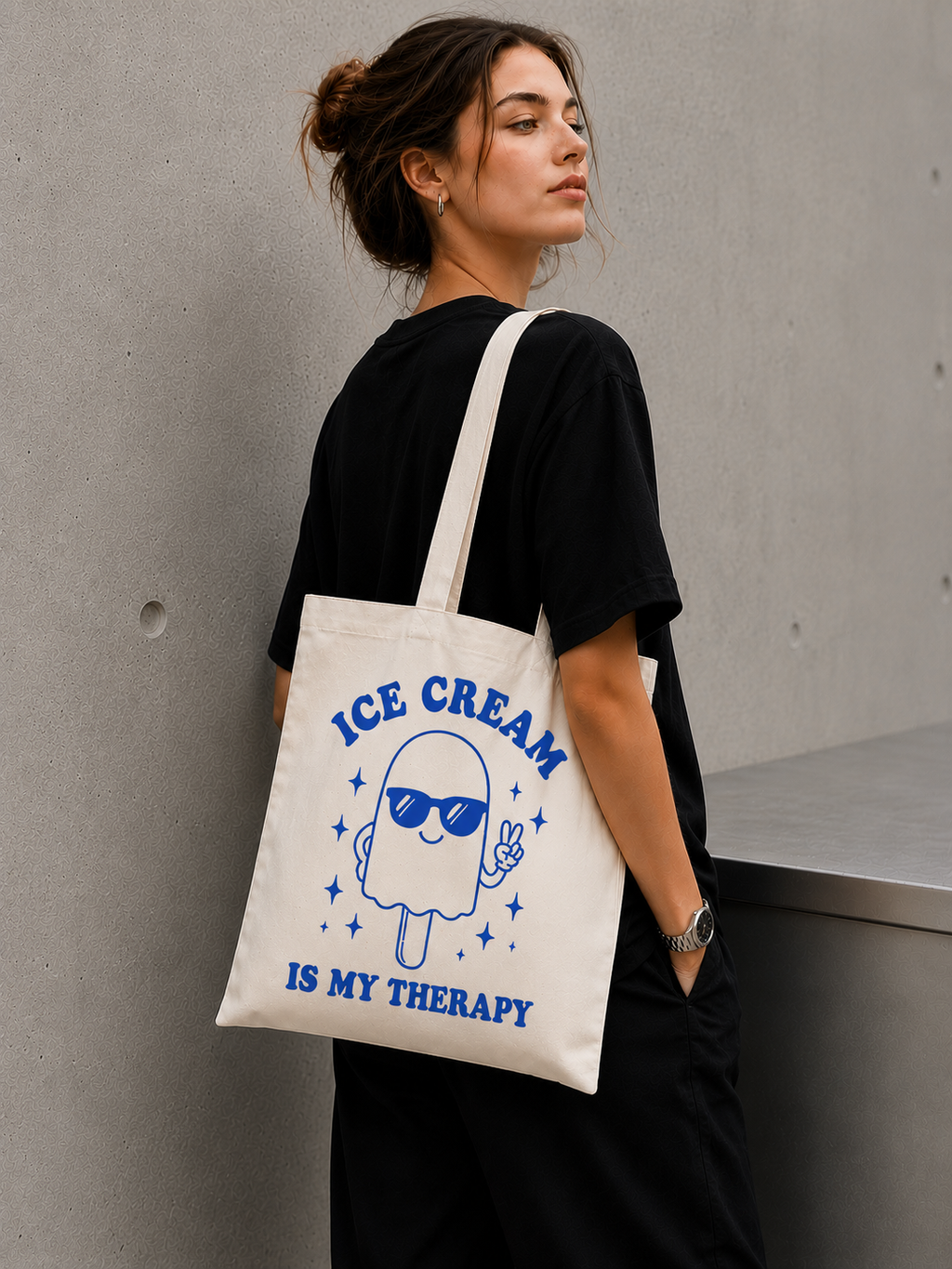 Ice Cream Is My Therapy Canvas Tote Bag – Cute Aesthetic Reusable Shoulder Bag