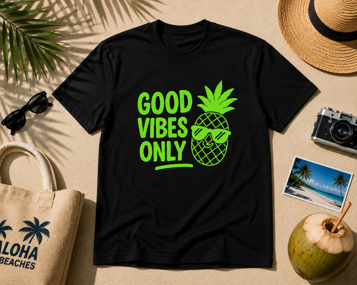 Good Vibes Only Pineapple Vinyl T-Shirt | Funny Summer Vacation Tee