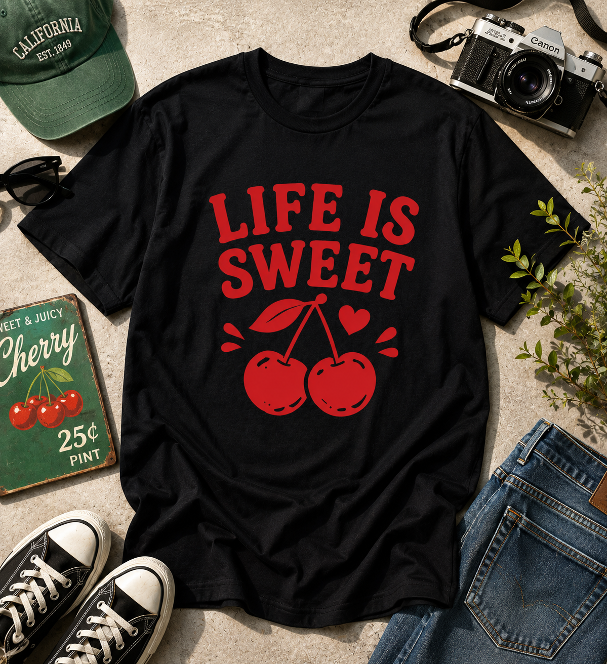 Life Is Sweet Cherry Vinyl T-Shirt | Cute Retro Fruit Summer Tee