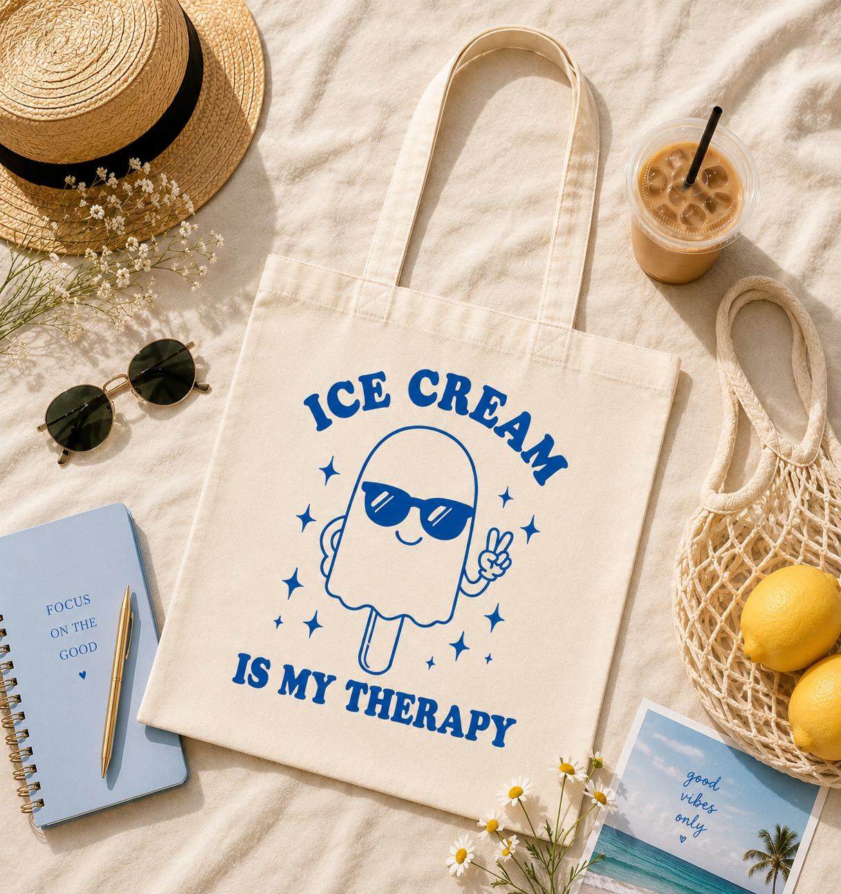 Ice Cream Is My Therapy Canvas Tote Bag – Cute Aesthetic Reusable Shoulder Bag