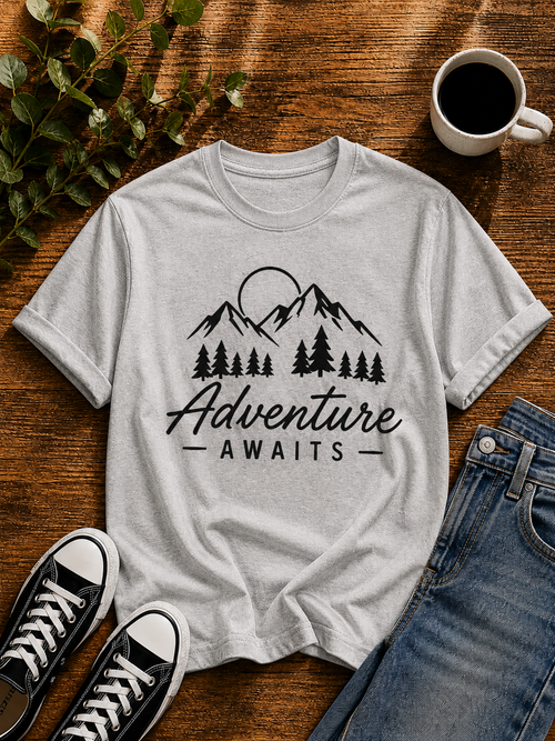 Adventure Awaits Mountain Nature Vinyl T-Shirt for Outdoor Lovers