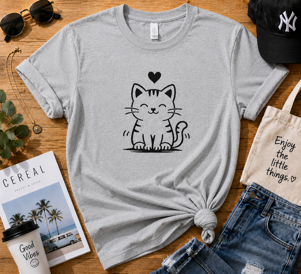 Cute Happy Cat T-Shirt | Minimalist Cat Lover Vinyl Tee | Cat Mom Gift | Kawaii Kitty Shirt