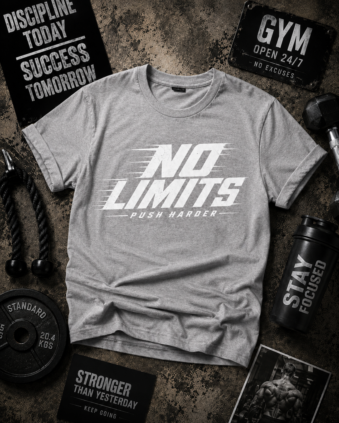 No Limits Push Harder Motivational Gym T-Shirt