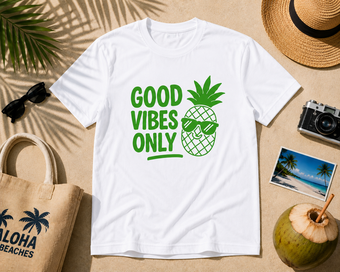 Good Vibes Only Pineapple Vinyl T-Shirt | Funny Summer Vacation Tee