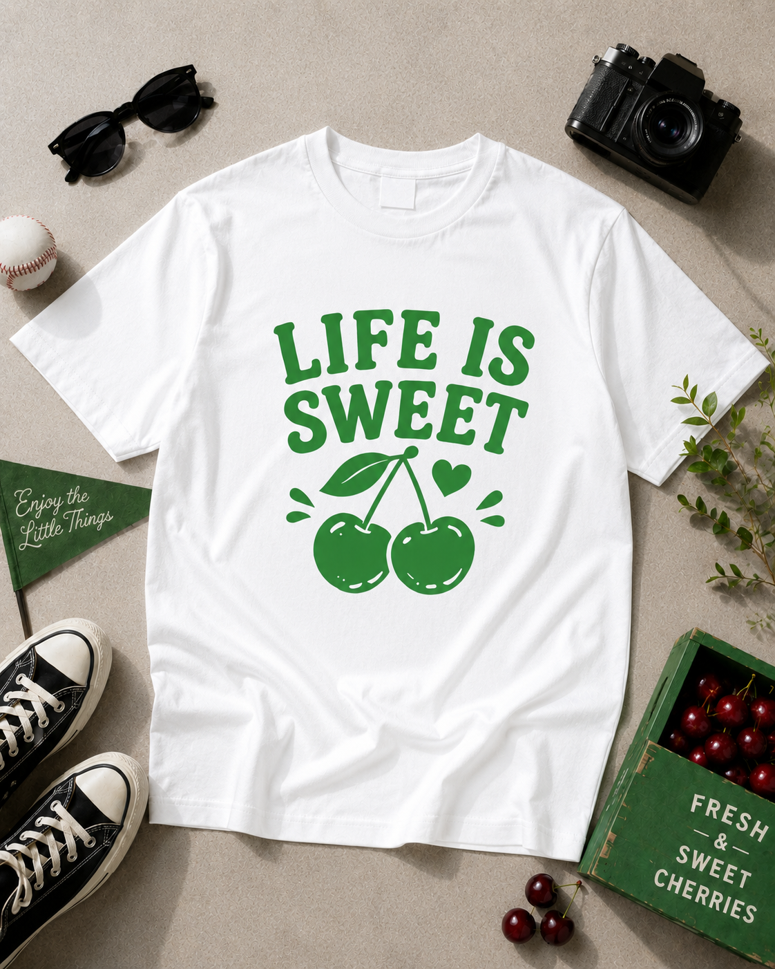 Life Is Sweet Cherry Vinyl T-Shirt | Cute Retro Fruit Summer Tee
