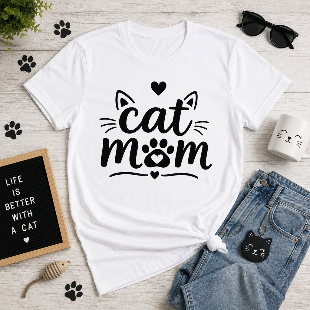 Cat Mom T-Shirt | Cute Cat Lover Vinyl Tee | Paw Print Kitty Mom Gift Shirt