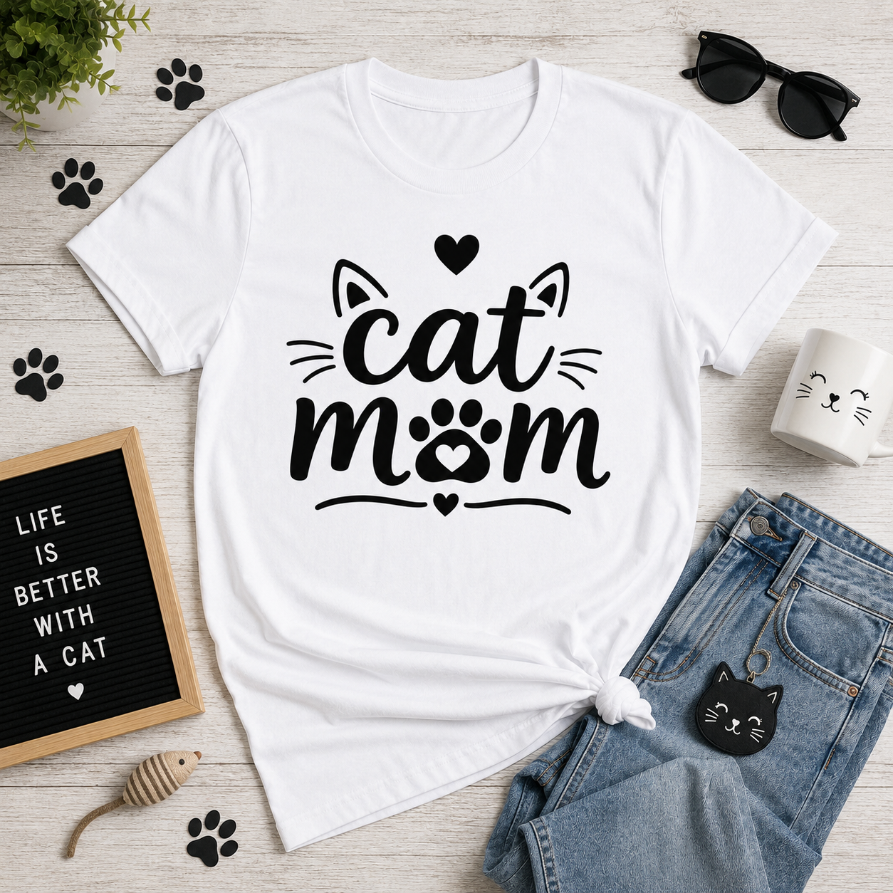 Cat Mom T-Shirt | Cute Cat Lover Vinyl Tee | Paw Print Kitty Mom Gift Shirt