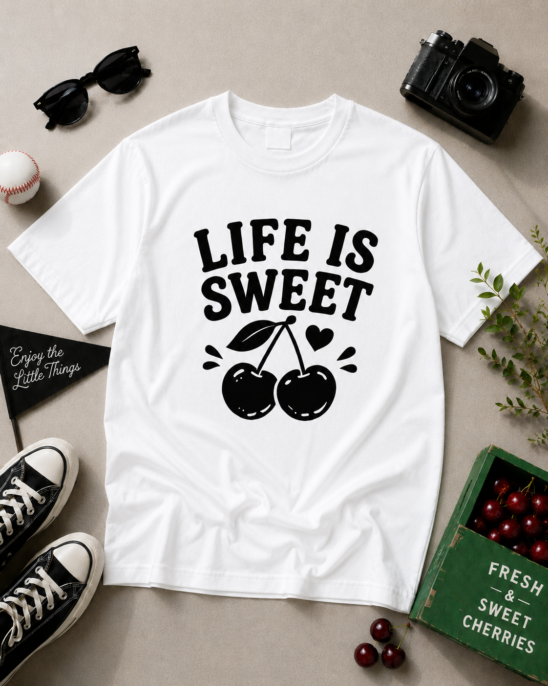 Life Is Sweet Cherry Vinyl T-Shirt | Cute Retro Fruit Summer Tee