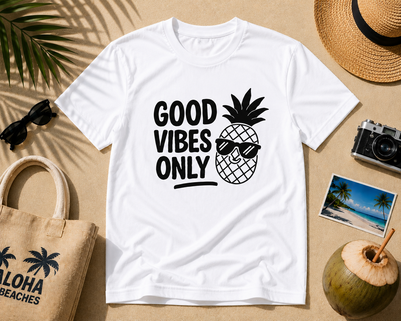 Good Vibes Only Pineapple Vinyl T-Shirt | Funny Summer Vacation Tee