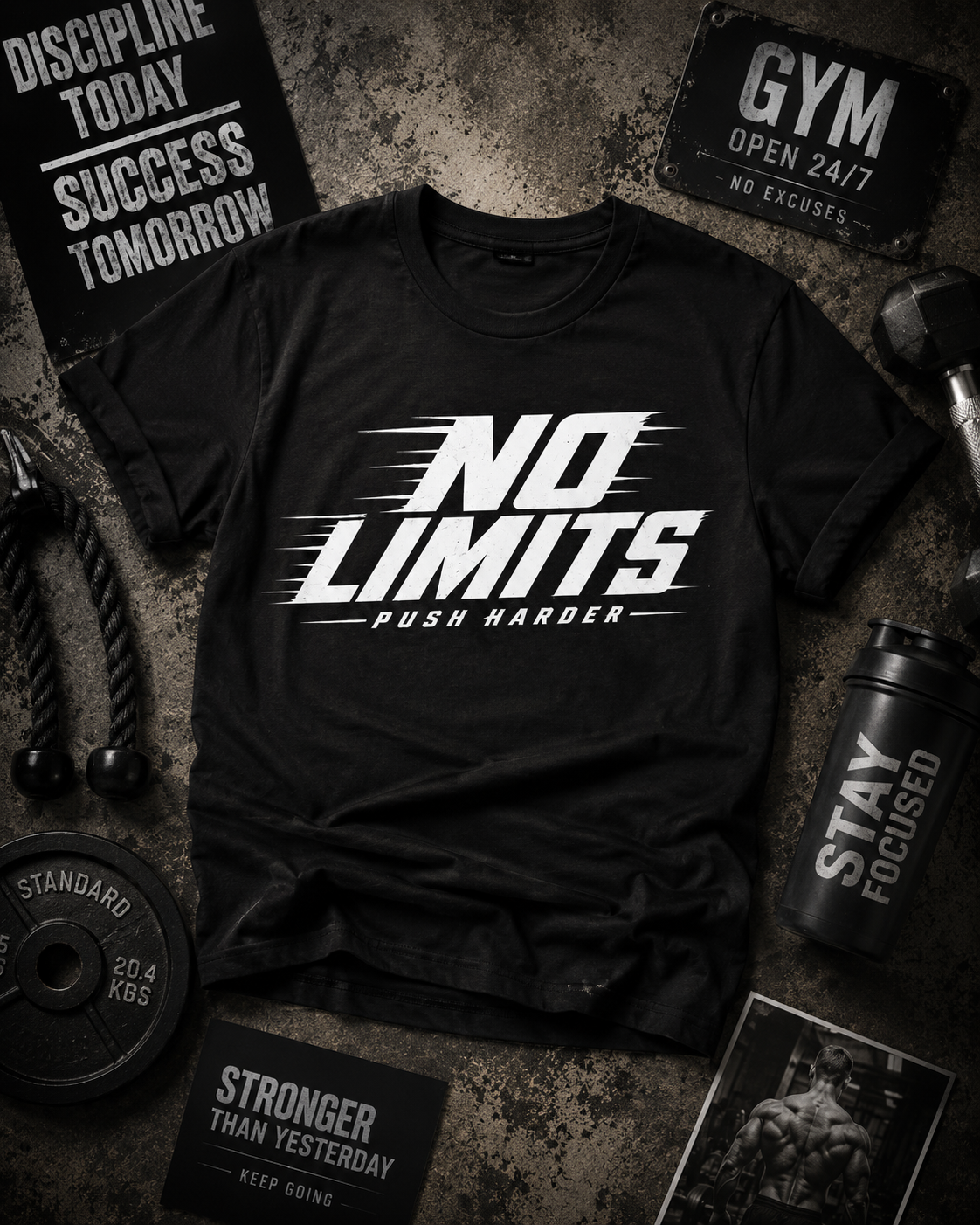 No Limits Push Harder Motivational Gym T-Shirt