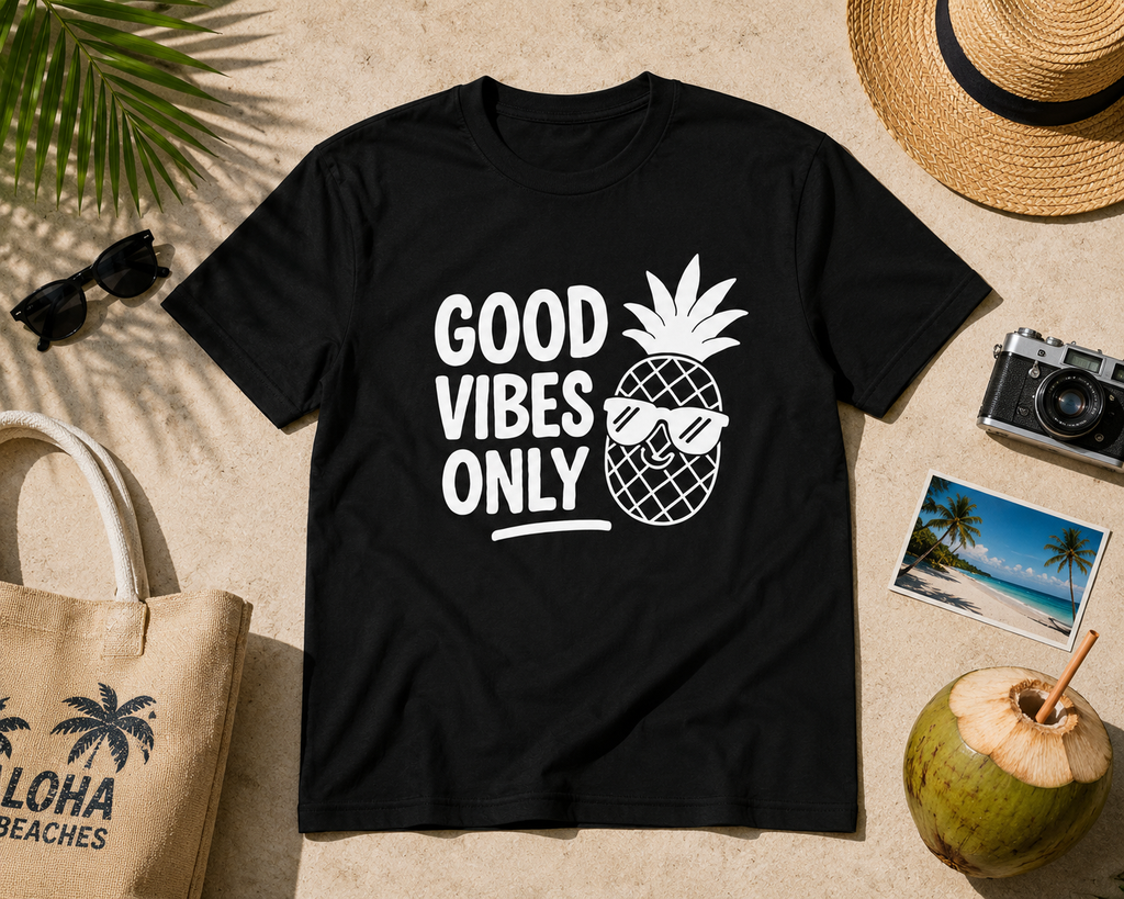 Good Vibes Only Pineapple Vinyl T-Shirt | Funny Summer Vacation Tee