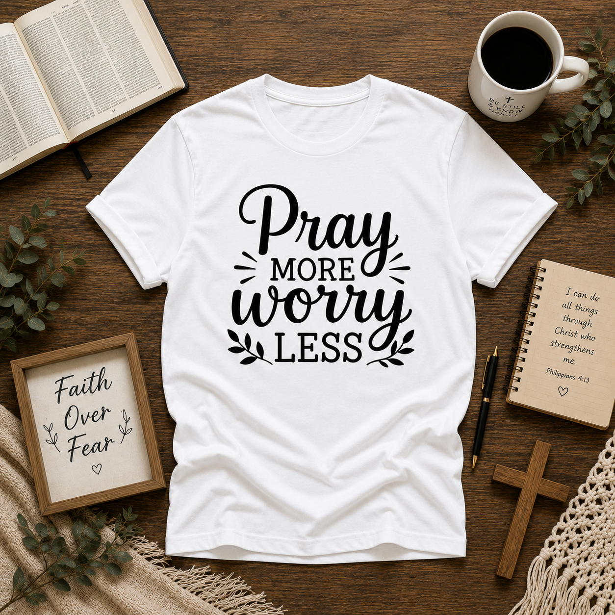 Pray More Worry Less Christian Inspirational Vinyl T-Shirt