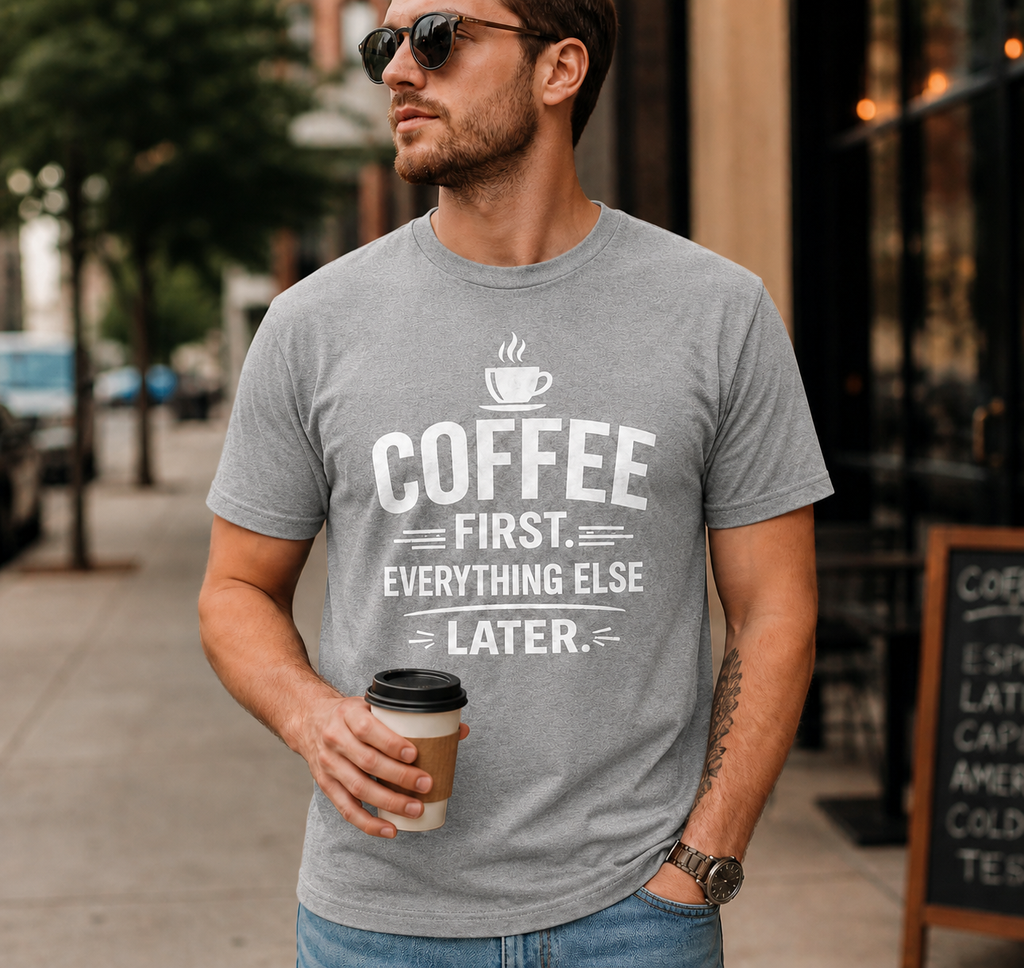 Coffee First Everything Else Later Vinyl T-Shirt for Coffee Lovers