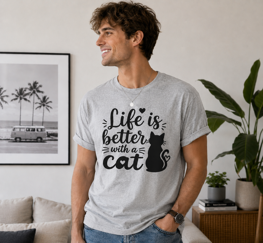 Life Is Better With A Cat T-Shirt | Cute Cat Lover Vinyl Tee | Funny Cat Mom Gift Shirt