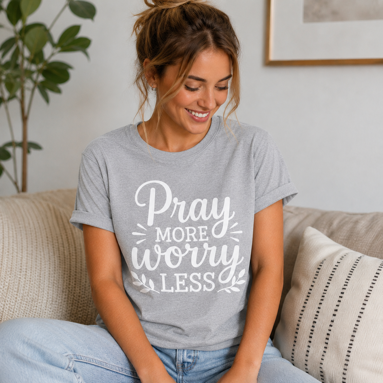 Pray More Worry Less Christian Inspirational Vinyl T-Shirt