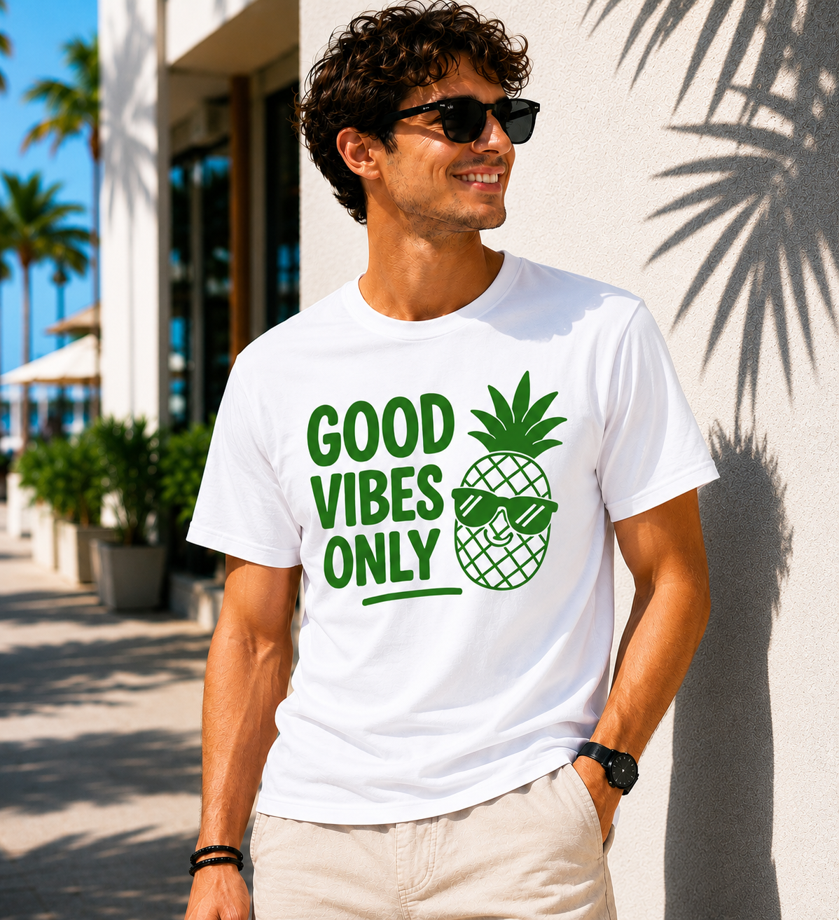 Good Vibes Only Pineapple Vinyl T-Shirt | Funny Summer Vacation Tee