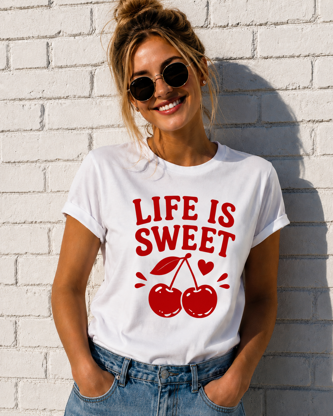 Life Is Sweet Cherry Vinyl T-Shirt | Cute Retro Fruit Summer Tee