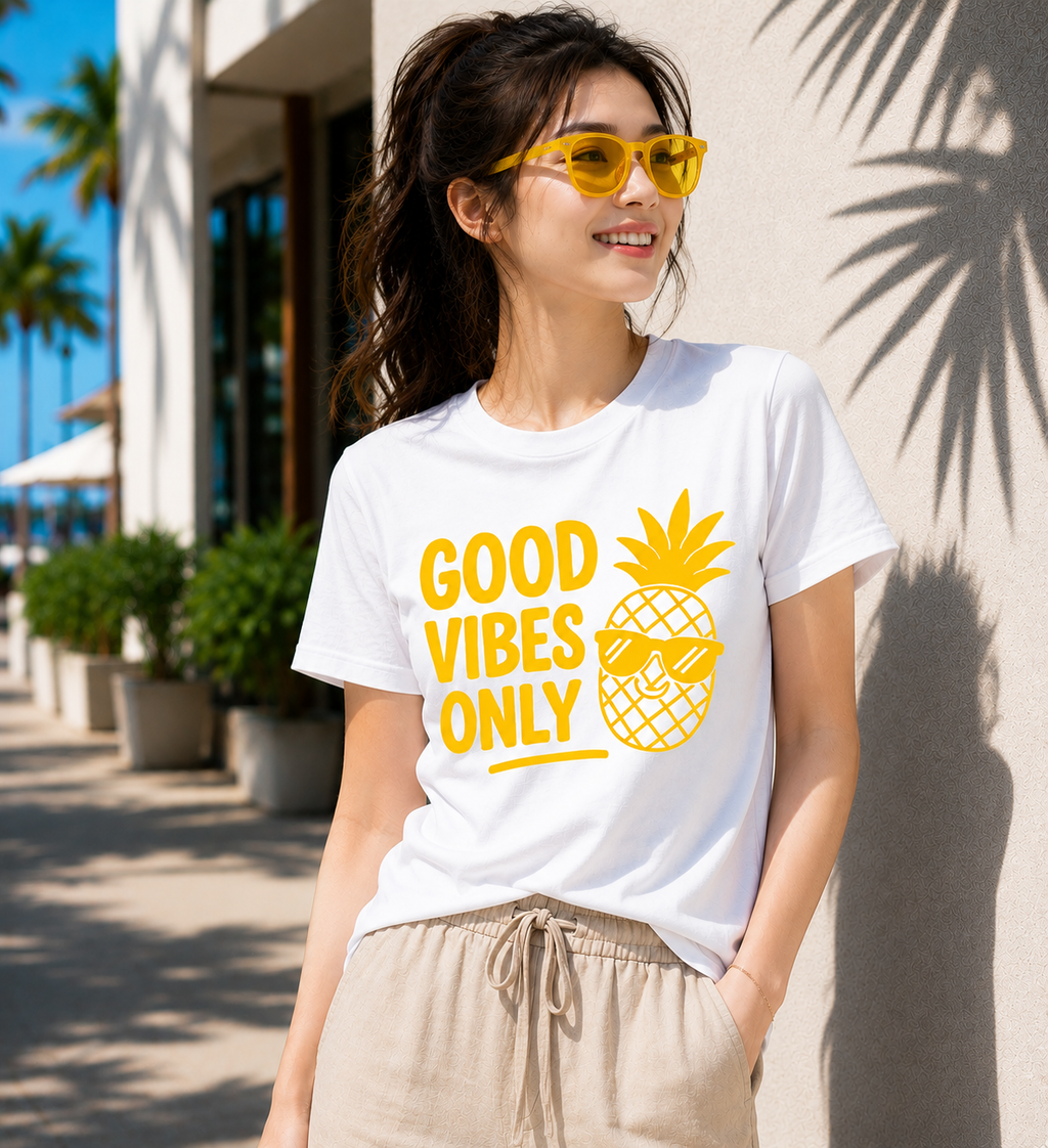 Good Vibes Only Pineapple Vinyl T-Shirt | Funny Summer Vacation Tee