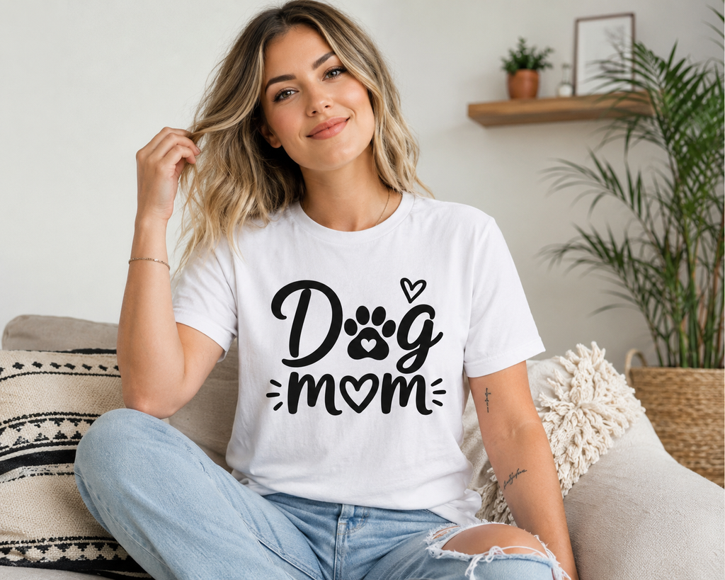 Dog Mom Vinyl T-Shirt | Cute Paw Print Dog Lover Tee | Pet Mom Gift Shirt