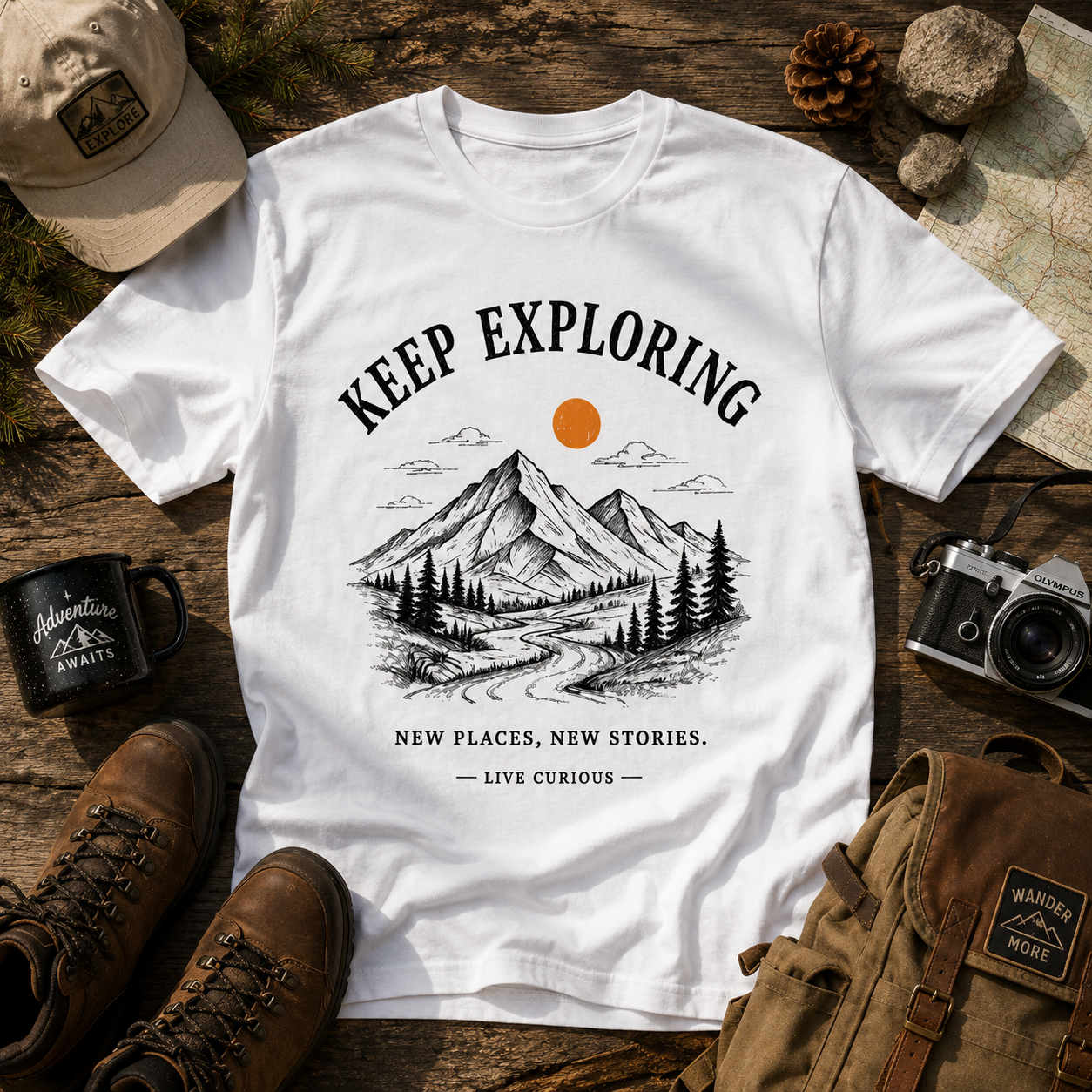 Keep Exploring Mountain Graphic T-Shirt | Vintage Outdoor Adventure Tee | Unisex Nature Shirt