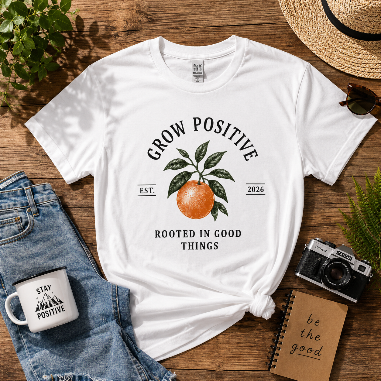 Grow Positive Graphic T-Shirt | Botanical Orange Unisex Tee | Positive Quote Shirt