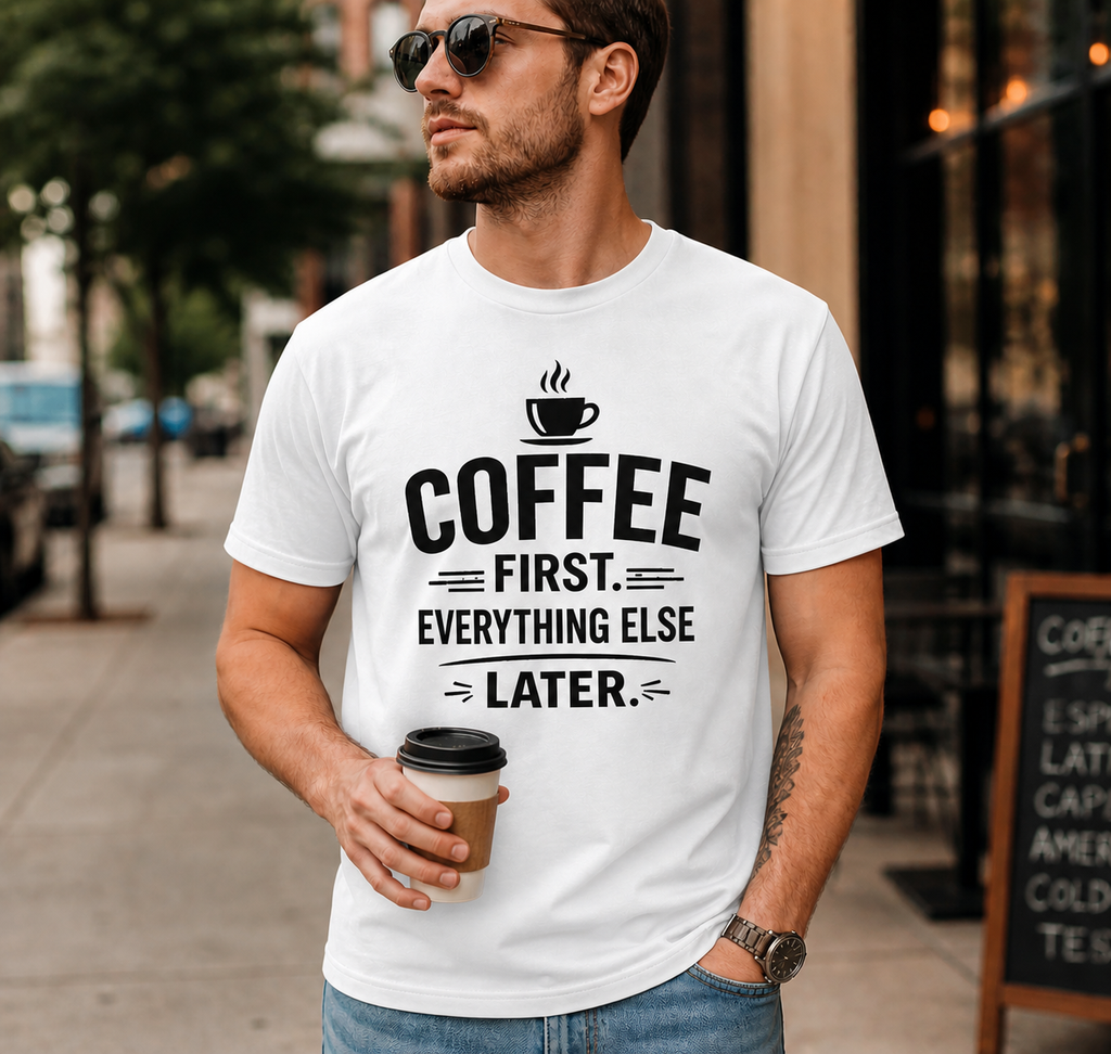 Coffee First Everything Else Later Vinyl T-Shirt for Coffee Lovers