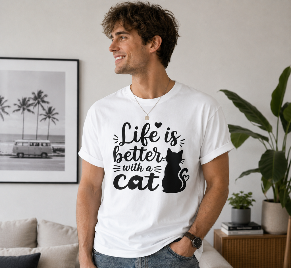 Life Is Better With A Cat T-Shirt | Cute Cat Lover Vinyl Tee | Funny Cat Mom Gift Shirt