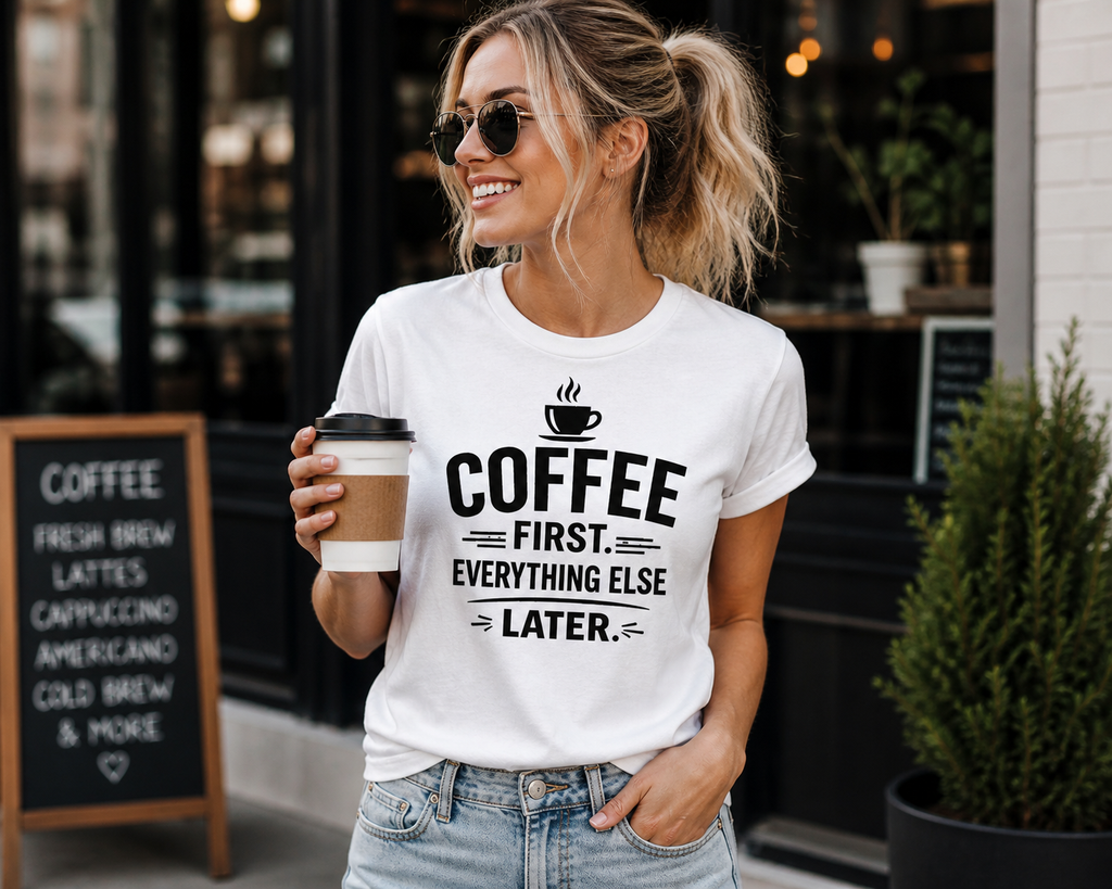 Coffee First Everything Else Later Vinyl T-Shirt for Coffee Lovers