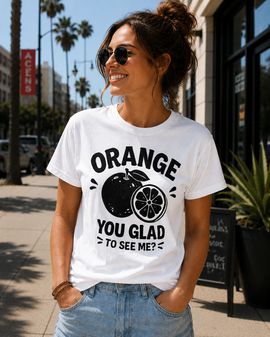 Orange You Glad To See Me Funny Vinyl T-Shirt | Cute Citrus Pun Tee