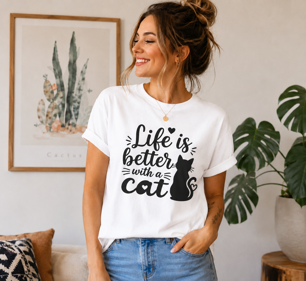 Life Is Better With A Cat T-Shirt | Cute Cat Lover Vinyl Tee | Funny Cat Mom Gift Shirt
