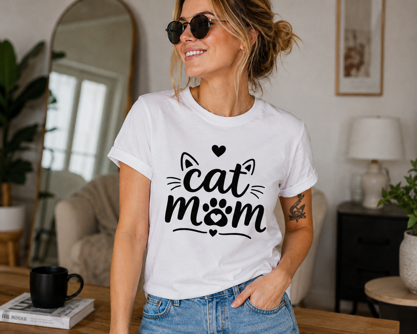 Cat Mom T-Shirt | Cute Cat Lover Vinyl Tee | Paw Print Kitty Mom Gift Shirt