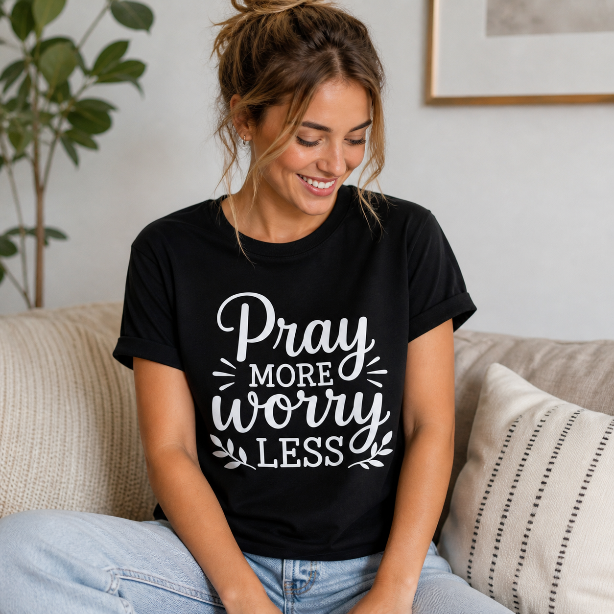 Pray More Worry Less Christian Inspirational Vinyl T-Shirt