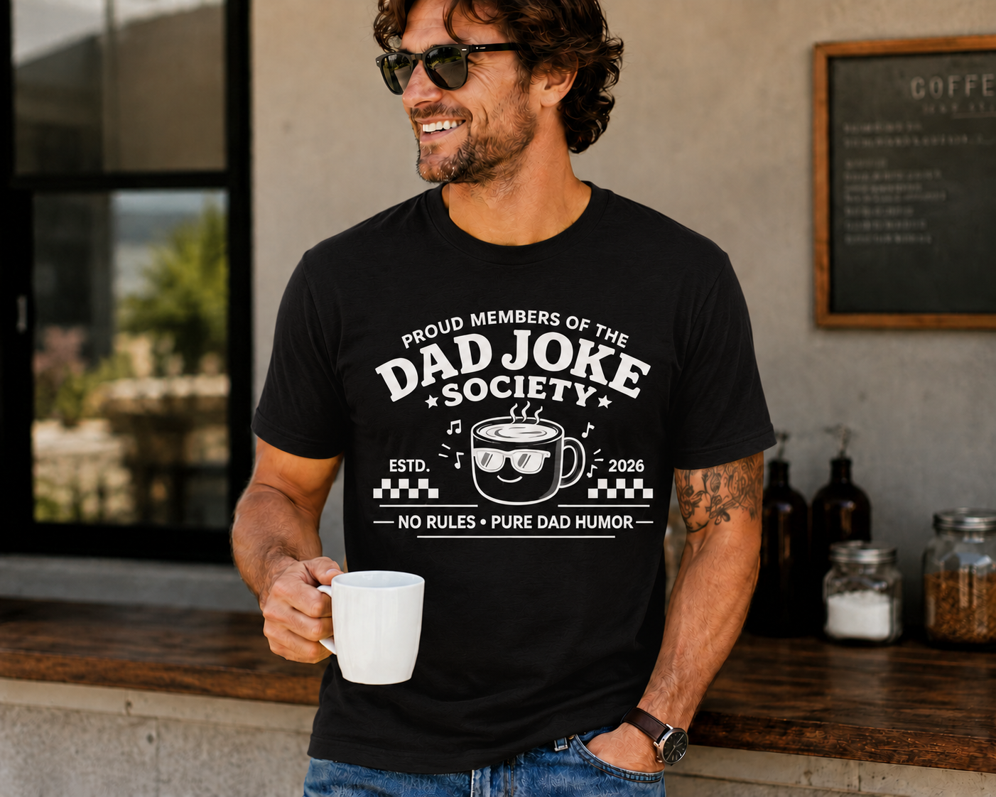 Dad Joke Society Coffee Vinyl T-Shirt | Funny Dad Humor Tee