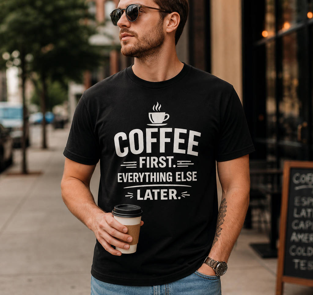 Coffee First Everything Else Later Vinyl T-Shirt for Coffee Lovers
